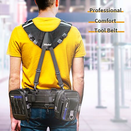 Adjustable tool belt suspenders, fit all body types, and tool bags are attached.